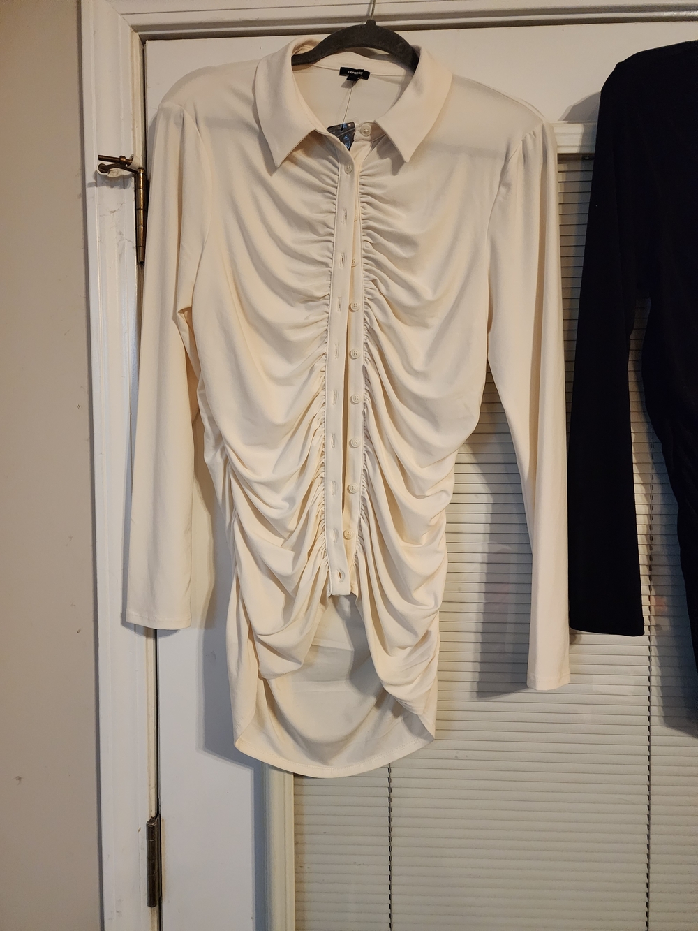Express Cream Ruched Button-Front Long Sleeve Top